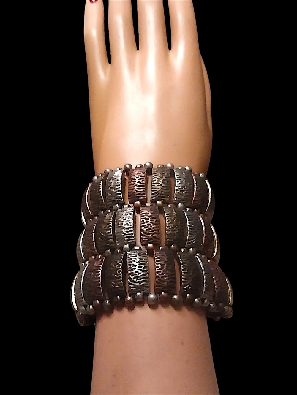 Vintage Style Brown and Silver Tiered Stretch Bracelet